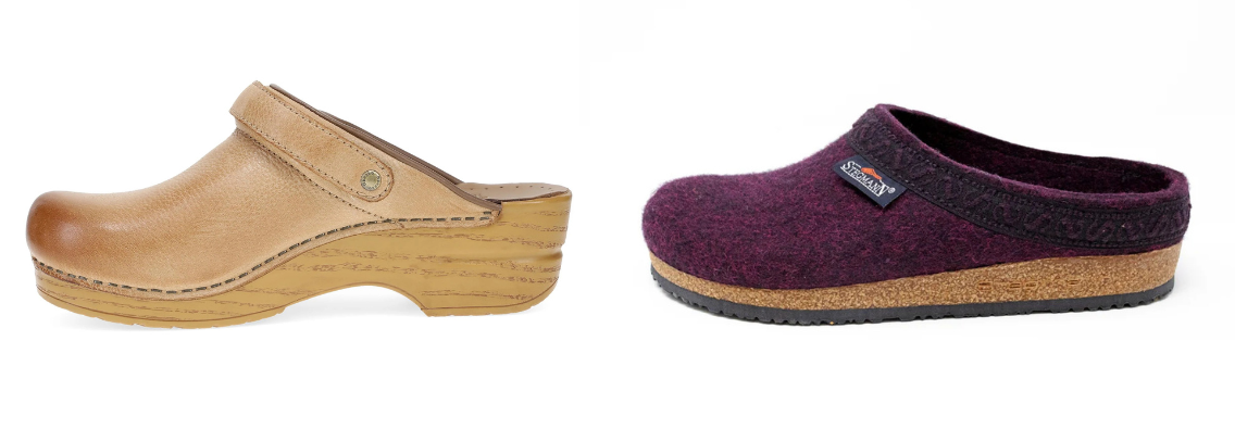Wool and leather clogs side by side